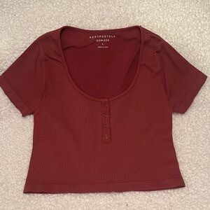 Aeropostale Ribbed Henley Crop Top - Rust